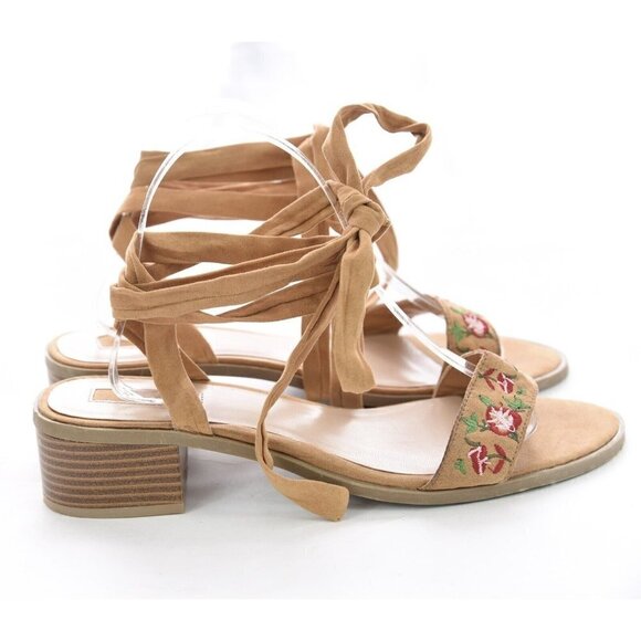 Forever 21 Sz 8.5 Floral Embroidered Faux Suede Leather Wrap Tie Lace Up Sandals - Picture 9 of 12